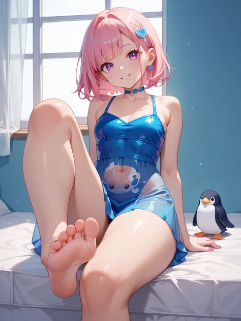 see-through girl , jelly chan , invisible body , mini dress , flying penguin , mach 1 , fisheye , Thick thighs, small head , Soles of the feet