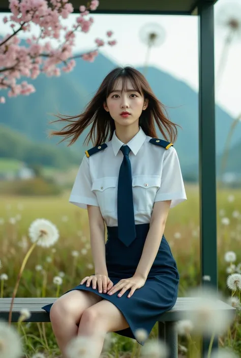 Sexy beautiful Japanese woman, a self defense officer uniform, wearing a white short-sleeved shirts, navy blue tie, navy blue pencil skirt, Black patent high heels, beautiful hip-line, Beautiful thighs, A Woman sitting on a bench at a bus stop in the count...