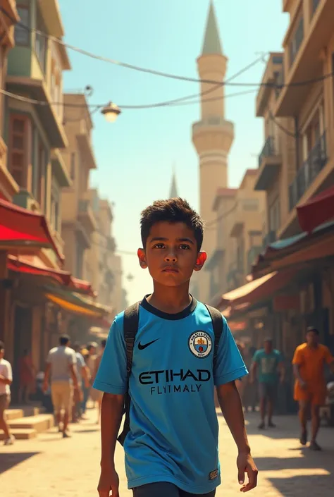 un garçon arabe  dans les rues du Caire avec un maillot de Manchester City