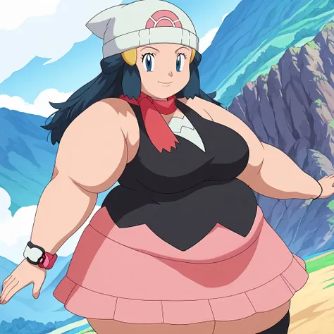 score_9, score_8_up, score_7_up, source_anime, pokemondawn, pokemon dawn, black hair, blue eyes, sidelocks, long hair,, bare shoulders, beanie, black shirt, black socks, bracelet, hat, jewelry, kneehighs, miniskirt, pink skirt, red scarf, scarf, shirt, ski...