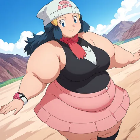 score_9, score_8_up, score_7_up, source_anime, pokemondawn, pokemon dawn, black hair, blue eyes, sidelocks, long hair,, bare shoulders, beanie, black shirt, black socks, bracelet, hat, jewelry, kneehighs, miniskirt, pink skirt, red scarf, scarf, shirt, ski...