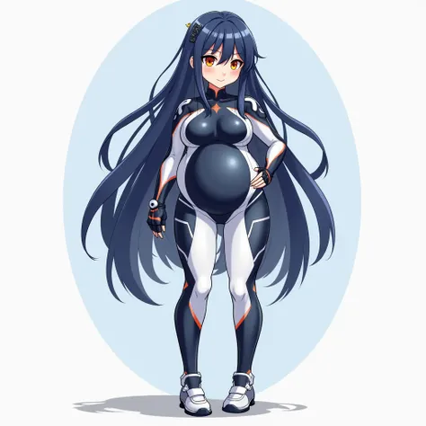 anime girl, long hair, big pregnant, very big breasts, very big belly , hyper-pregnant girl , the biggest belly , anime style, high resolution, big breasts, hyper-pregnant girl with a big belly, dark blue hair, orange eyes full height, smile, big pregnant ...