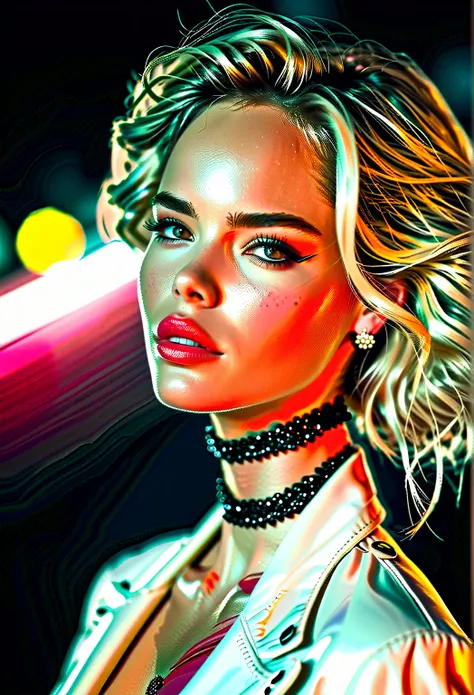 32k, Masterpiece, top quality, ((woman)) Blonde, fair skin, rosy cheeks, natural makeup, nude lipstick,  cream jacket, black choker, beaded necklace, earrings, tousled hair, profile, close-up, blurred background.