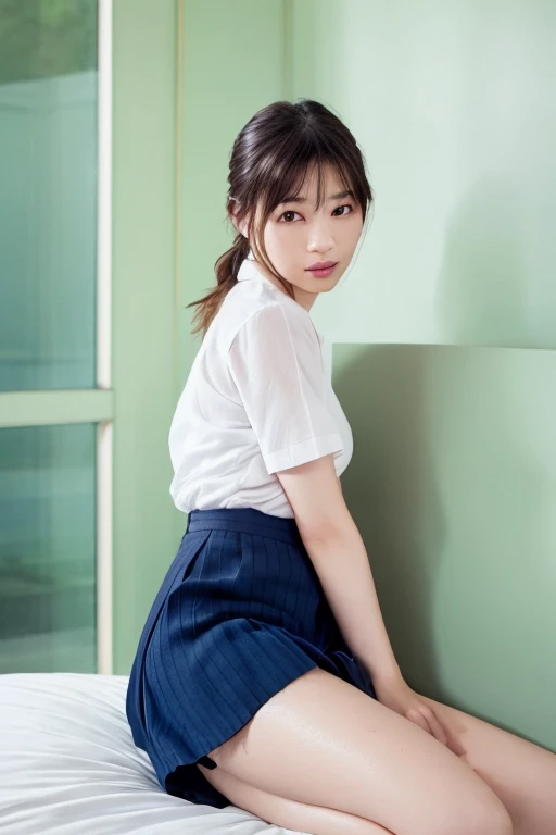 (Masterpiece, Best quality:1.4), (Ultra realistic, Photo-realistic:1.2), Full body, (Wearing Sailor suit, short sleeve, Dark navy skirt: 1.2), Natural light, 2 actress, 2 girls, Japanese women, Neat and clean, Nude, (short wavy hair), ponytail, Light brown...