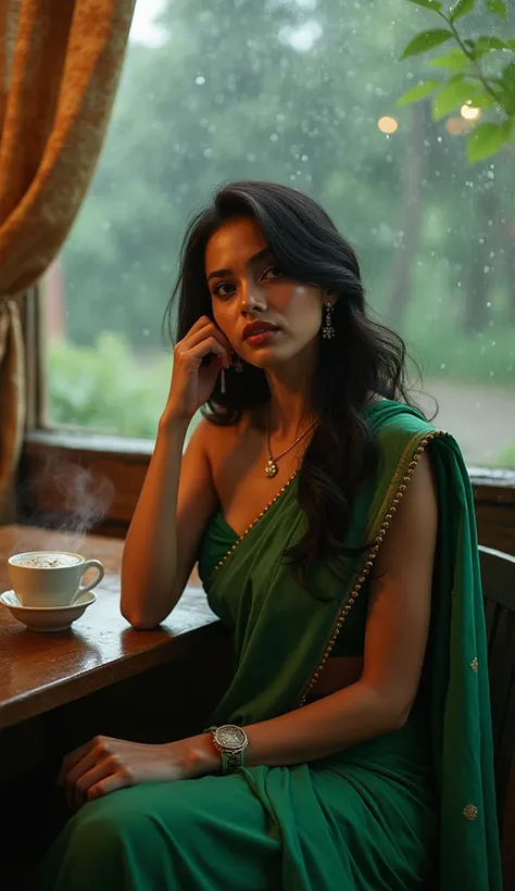 "A cozy roadside tea shop during light rain, a woman with long black hair in a casual yet stylish outfit, sitting at a wooden table, sipping tea. Steam rises from the tea cup, and soft rain drops are visible outside the window. The woman has a thoughtful e...