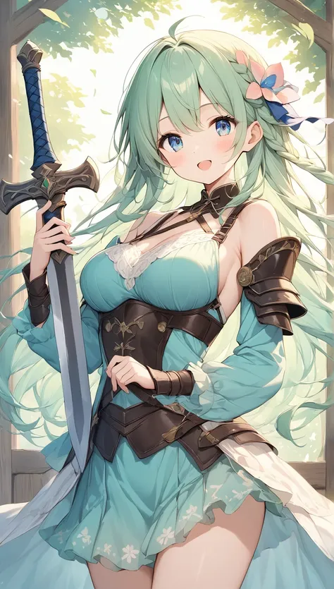   The use of pale lines and soft colors creates a dreamy effect., Fleeting Impressions.., one woman 、The Old Tree House   、  Girl with an iron sword   、 is cute 、 Fantasy  、Leather Armor、milk、 blue eyes、((小さなmilk首見せる))、 boobs、((小さなmilk房が見える))、(小さなmilk首見える)