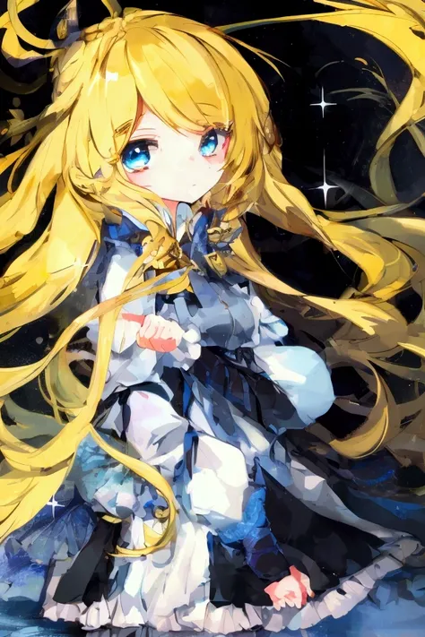 A tall anime girl with a slender body and no chest, featuring stunning, very light shiny blue eyes that sparkle. Her hair is extremely long, flowing, and bright yellow, creating a striking contrast against her delicate features. She has an ethereal, almost...