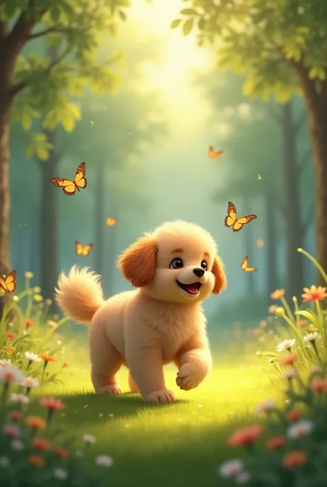 Cute dog in a clearing with butterflies