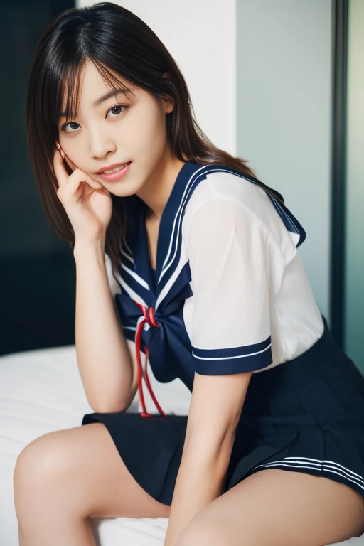 (Masterpiece, Best quality:1.4), (Ultra realistic, Photo-realistic:1.2), Full body, (Wearing Sailor suit, short sleeve, Dark navy skirt: 1.2), Natural light, 2 actress, 2 girls, Japanese women, Neat and clean, Nude, (short wavy hair), ponytail, Light brown...