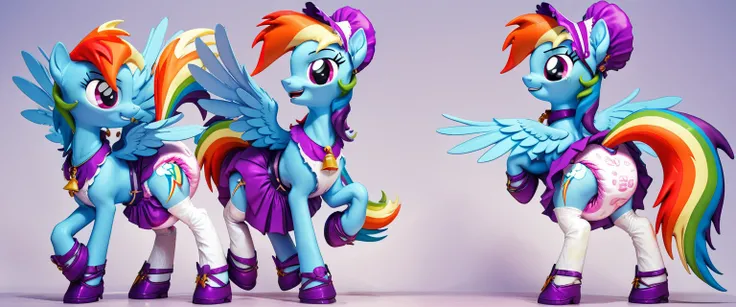  pegasque pony alone ,  adult anthropomorphic mare, Rainbow Dash, the mane is collected in a purple bonnet , purple eyes, stands on four hooves with a view of the ass ,  wide open back hooves , walks down the streets of the city, putting himself on display...