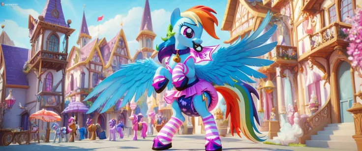  pegasque pony alone ,  adult anthropomorphic mare, Rainbow Dash, the mane is collected in a purple bonnet , purple eyes, stands on four hooves with a view of the ass ,  wide open back hooves , walks down the streets of the city, putting himself on display...