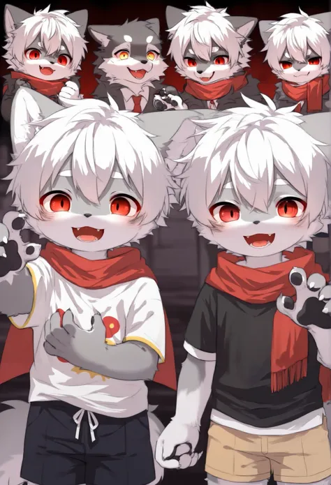  high quality work，Wolf Boy，furry boy， toddlers， white hair， grey skin， red scarf ， shorts，Short sleeve，vampire，Yandere