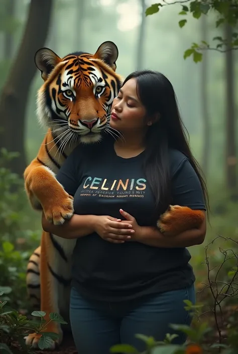 Txt2Img Studio 19  :16:43 ( photorealism :1.2),  A beautiful and fat young Indonesian woman facing forward ,  wearing a Celna Jeans t-shirt ,  is hugging a tiger in a dense forest in the beautiful nature of Mount Merapi.looks natural  