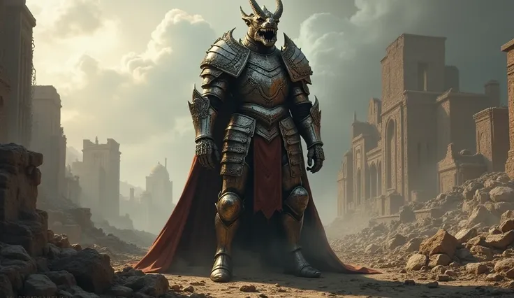 A brute knight with a dragon helmet in a ruined battlefield