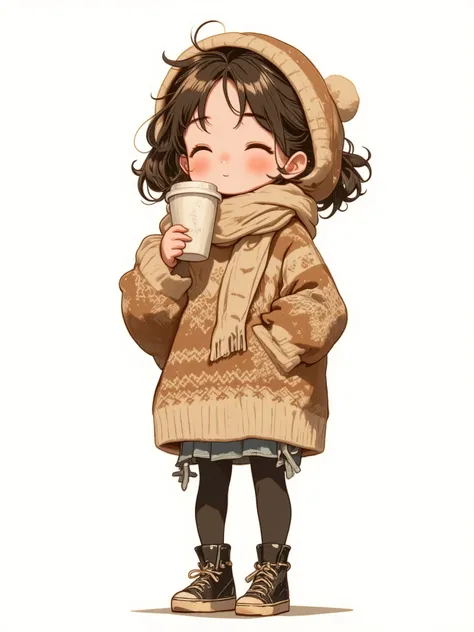 A whimsically drawn (((chibi art style))), featuring a ((())) with warm expressions and (((brown eyes))), draping a cozy ((knitted sweater)) over her sleek, black leather sneaker. She's posed confidently, with one hand on her hip and the other holding a st...