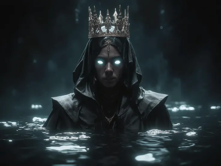 [Submerged Crowned King, a young prince, handsome, solemnly emerging from dark water, conveying a sense of mystery and foreboding], (for the dramatic lighting and figure rendering)], [Teal and black color palette, low-key lighting focusing on the crown and...