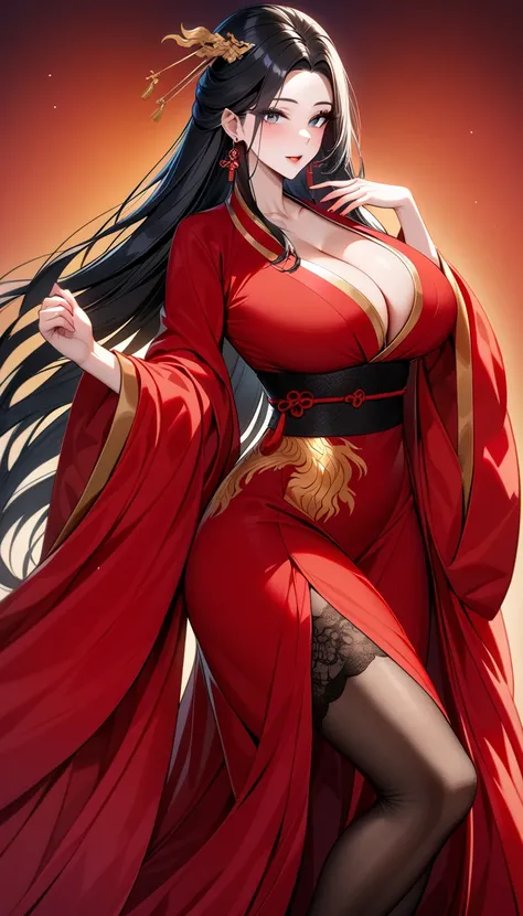 Mature Woman, Sexy, Milf, Wife, Gorgeous Face, Heavenly Goddess, Long Black Hair, Smooth and Straight Hair, Red Chinese Hanfu, Phoenix Pattern on Top, Chest, Cleavage, Earrings, Beautiful Black Eyes, Hair Ornament, Hairpin, Hair Ornament, Eyeliner, Black L...