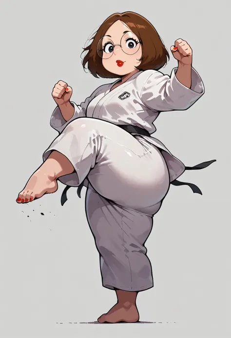 score_9, score_8_up, 1girl, solo, meg, brown hair, black eyes, pawg, looking at viewer, red lips, round glasses,  karate gi, kicking, pose, thick thighs, barefoot, nail polish,
