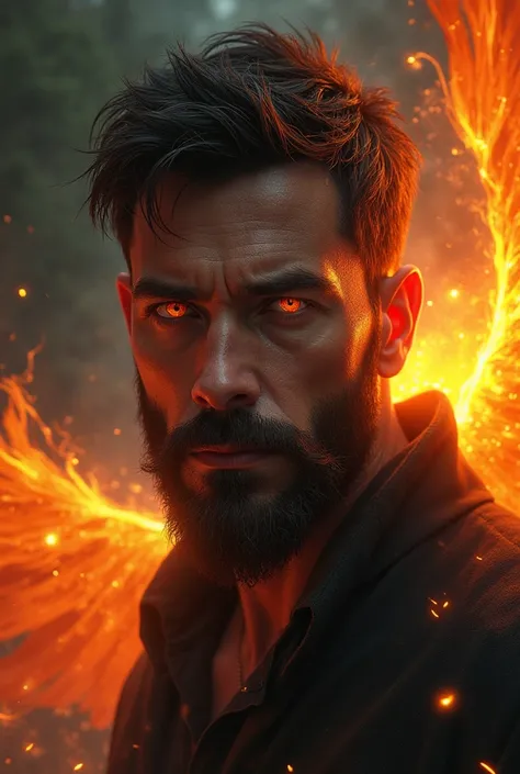 Homme cheveux brun foncé très courte avec une barbe, yeux oranges. Rapport avec le phoenix