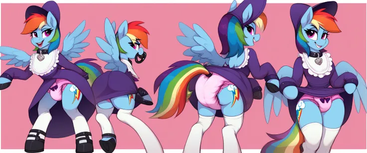  pegasque pony alone ,  adult anthropomorphic mare, Rainbow Dash, the mane is collected in a purple bonnet , purple eyes, stands on four hooves with a view of the ass ,  wide open back hooves , walks down the streets of the city, putting himself on display...