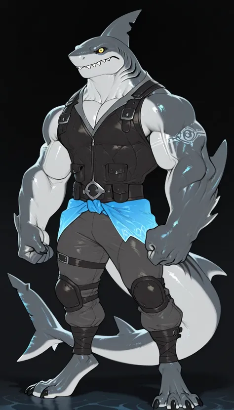 sharkman, anthro tiger shark, darker hands and fins, black back, solo, big arms, bara, detailed skin, lizard shark hybrid, anthro, closed mouth, tribal polynesian shark tattoos, detailed shark skin, scalie arms, fins on arms, gray color body, beefy, digiti...