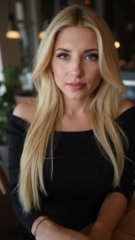 This is a beautiful  closeup photograph of a woman, she has long straight blonde hair and dark blue eyes.  Wearing a form fitting  boatneck dress,  Sitting in a cafe. Flirting at the viewer. Smile, Captured with a Sony A7R IV camera and a 50mm f/1.2 G Mast...