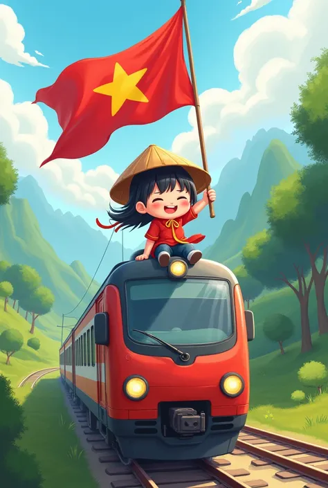 Chibi girl sitting on the roof of a train laughing happily holding the Vietnamese flag