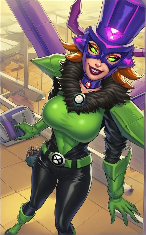  score_9,  score_8_above,  score_7_above, looking at the spectator ,  light smile, ROMPER PONYXL _Galacta_daughter of galactus_ ownwaifu, 1 girl, hull, mask, green mask, green eyes, cabello negro, wide hair ,  glowing eyes, large breasts, Lipstick, Lips, m...