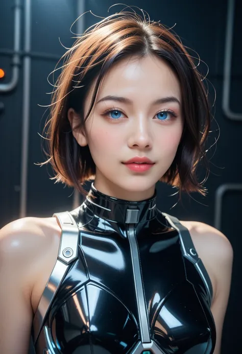 (masterpiece, best quality), 8K Ultra HD, Full shot, high resolution, photo realistic, 1 mechanical cyberpunk girl soldier, beautiful face, sexy body, small breasts, fair or light skin tones, which may appear pale, Chinese skin tone, light blue eyes, extre...