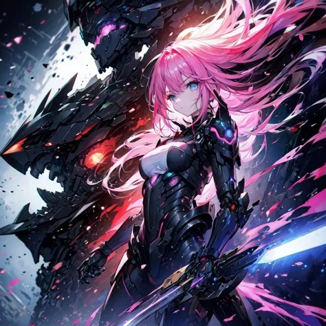 a Angry girl, pink hair, Science Fiction War, ((Robotic Android: 1.3)), ((have a big gun and a big lighting sword: 1.3)), (( bleeding from the face: 1.3)), ((Background of Big explosion at Universe)), ((front view: 1.3)), feet out of frame, character chart...