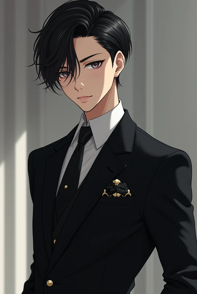 A handsome anime boy in black 3 suit 