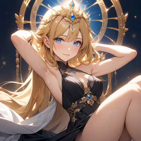 The image depicts a high resolution, high quality, HD scene featuring a beautiful female, elegant and confident, with long, flowing golden blonde hair adorned by a delicate beaded headpiece. She has bright blue eyes that radiate intelligence and charm, acc...