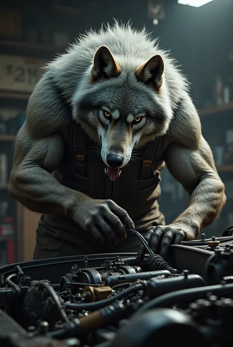 Wolf working as a mechanic 