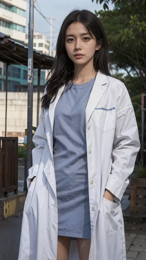 Alone,  exterior,   kampala , Masterpiece,     anatomically accurate  ,  best quality ,  Multiple winners    ,  Ultra-fine,    textured skin in the city , woman、(([[doctor's lab coat)),  The background is the entrance to the university hospital   、Age 30、[...