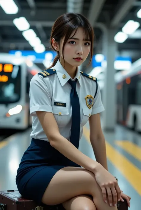 Sexy beautiful Japanese woman, a self defense officer uniform, wearing a white short-sleeved shirts, navy blue tie, navy blue pencil skirt, Black patent high heels, beautiful hip-line, Beautiful thighs, Bus terminal in front of a large train station in a b...