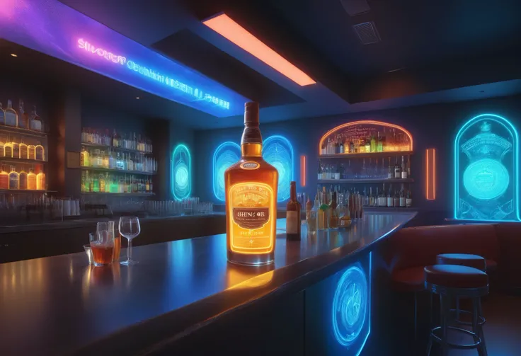 ( highdefinition images、Pro Work 、Artistic、 Top Masterpieces)、(Colorful fluorescent tubes , ( Dark Bar Counter 、 urban nightlife 、 stylish atmosphere、 Digital Art ) , Dramatic neon lighting , Detailed texture、Bartender Dresses、( shining with fluorescent tu...