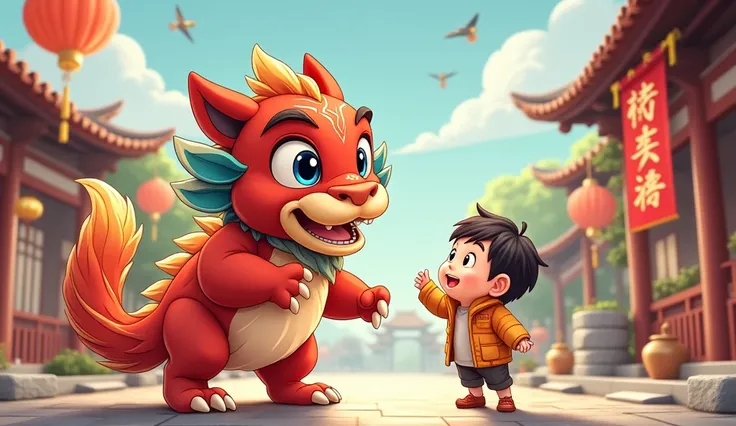 A traditional Chinese New Year beast is having fun chatting with a cute little human ，The background is in a modern village，cute cartoon illustration， story with pictures ，Anime style