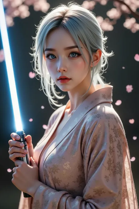 a girl in a geisha outfit, holding a blue lightsaber, full body shot, highly detailed, masterpiece, (best quality,4K,8k, highres,masterpiece:1.2),ultra-detailed,( realistic ,photo realistic ,photo- realistic :1.37),extremely detailed eyes and face,longeyel...