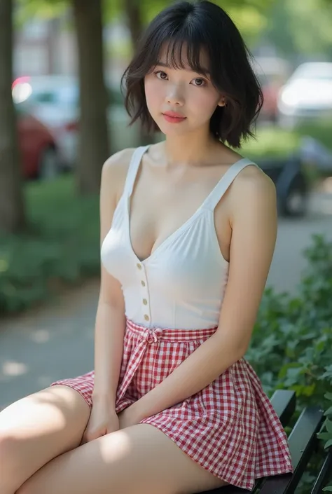  photorealistic、 checked pleated micro mini skirt、mini skirt short enough to show buttocks 、 punch、 panties、Curvaceous Body、Round hips、Wide thighs、 White Sleeveless Shirt、cute teenage woman in tight sleeveless shirt 、 I have a lot of exposed skin 、Cute tee...