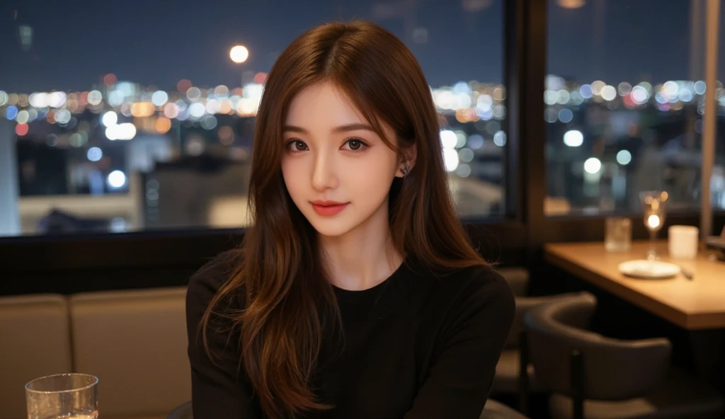 A beautiful and attractive korean girl smiling and naturally posing while looking at the camera in a cool, atmospheric location. The setting could be a sophisticated restaurant, a fancy view of the city lights through the windows. She has long, straight ha...