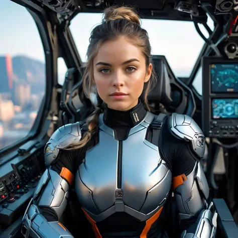 Highly detailed photo of a women, SF soldier, 30yo, (Mech warrior of women mercenary, (body armor on bodysuit)), sitting like a queen, Stately and dignified, Very dissatisfied look, (headset, Powerful and beautiful eyes, (female bodybuilder's body), 8K Ult...