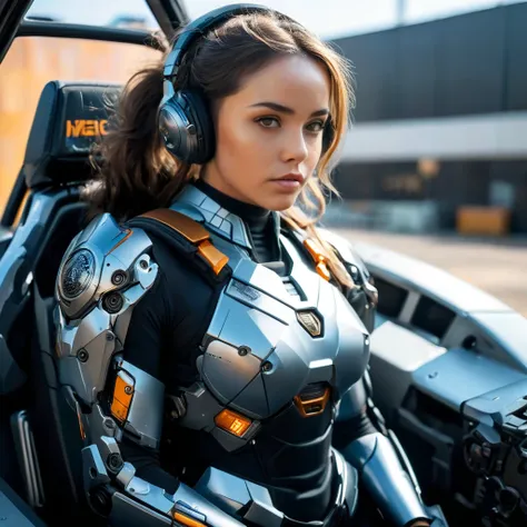 Highly detailed photo of a women, SF soldier, 30yo, (Mech warrior of women mercenary, (body armor on bodysuit)), sitting like a queen, Stately and dignified, Very dissatisfied look, (headset, Powerful and beautiful eyes, (female bodybuilder's body), 8K Ult...