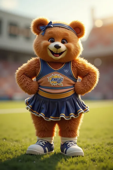 photorealistic portrait of Dressed animals - a ((fat)) (teddy bear) cheerleader,(art by Giuseppe Arcimboldo:1.2),(full body image:1.3), (hands on hips:1.5),(furry), (happy smile:1.5),high quality,(lovely) , highly detailed cute  top with team logo ,intrica...