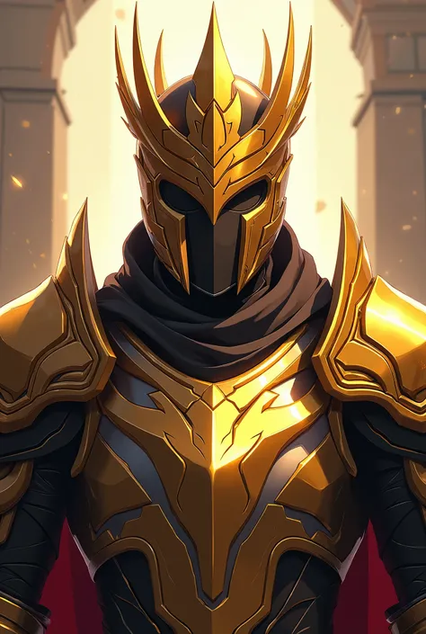 Head to neck image Golden and black knight armor wearing a golden crown Anime style pictures