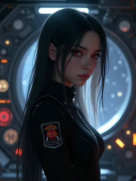  Black-haired age girl with a white lock,  red eye .  Wearing black army clothing . Scenario a spaceship in the galaxy  