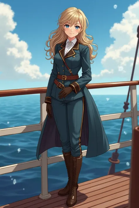 anime style. aristocratic girl standing on the stern of a steamer. she is wearing a hiking suit. leather elegant boots and gloves. she has wavy hair. her expression is calm. she is depicted in full growth. clear weather. she has a leather belt. 19th centur...