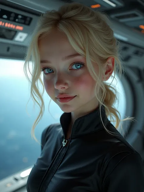 age girl with blond hair and blue eyes.  Delicate features and smiling .  Wearing black army clothing . Scenario a spaceship in the galaxy  