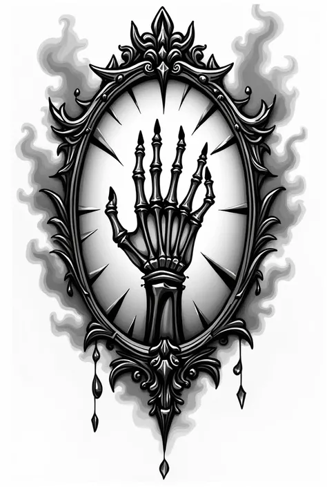 a gothic tatto design style of a A stylized broken mirror reflecting a skeletal hand reaching out, surrounded by shards and flowing smoke patterns. The design is bold and intricate, inspired by gothic tattoo art, with clean line work and dramatic black-and...