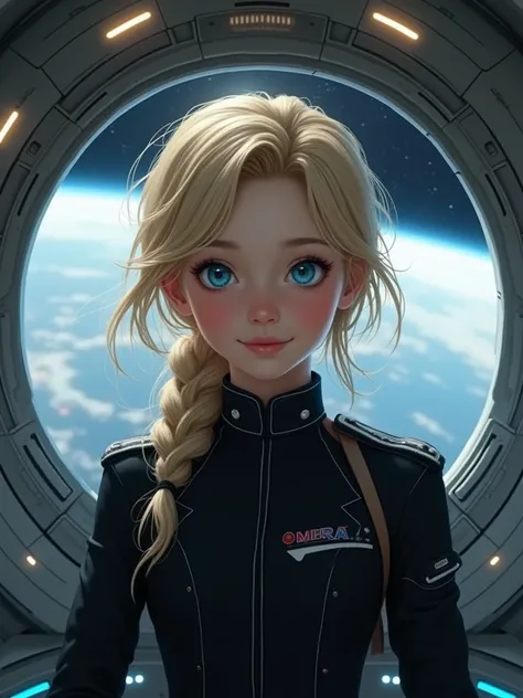 age girl with blond hair and blue eyes.  Delicate features and smiling .  Wearing black army clothing . Scenario a spaceship in the galaxy  