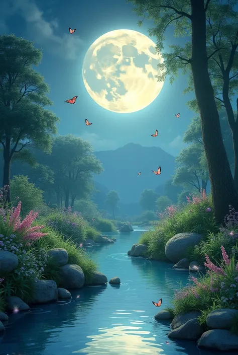  Create garden the moonlit night beautiful and clear,  reflection of the moonlight in the rivers that flow ,  clear as you can see the backgrounds . Birds and butterflies flying 
